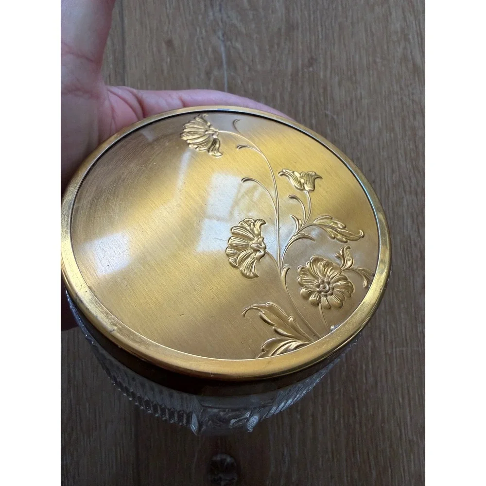 Vintage Glass Trinket Dish Gold Floral Lid Ribbed Vanity Jar Hollywood Regency
